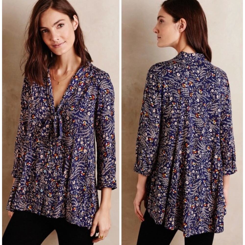 Anthropologie Maeve Floral Tie-Neck Swing Blouse - Picture 1 of 5